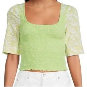 Free People Green Fitted Crop Blouse 3/4 Sleeve
